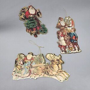 3 Vintage 80s Cardboard Christmas Ornaments Gold Accent Santa Tree Reindeer